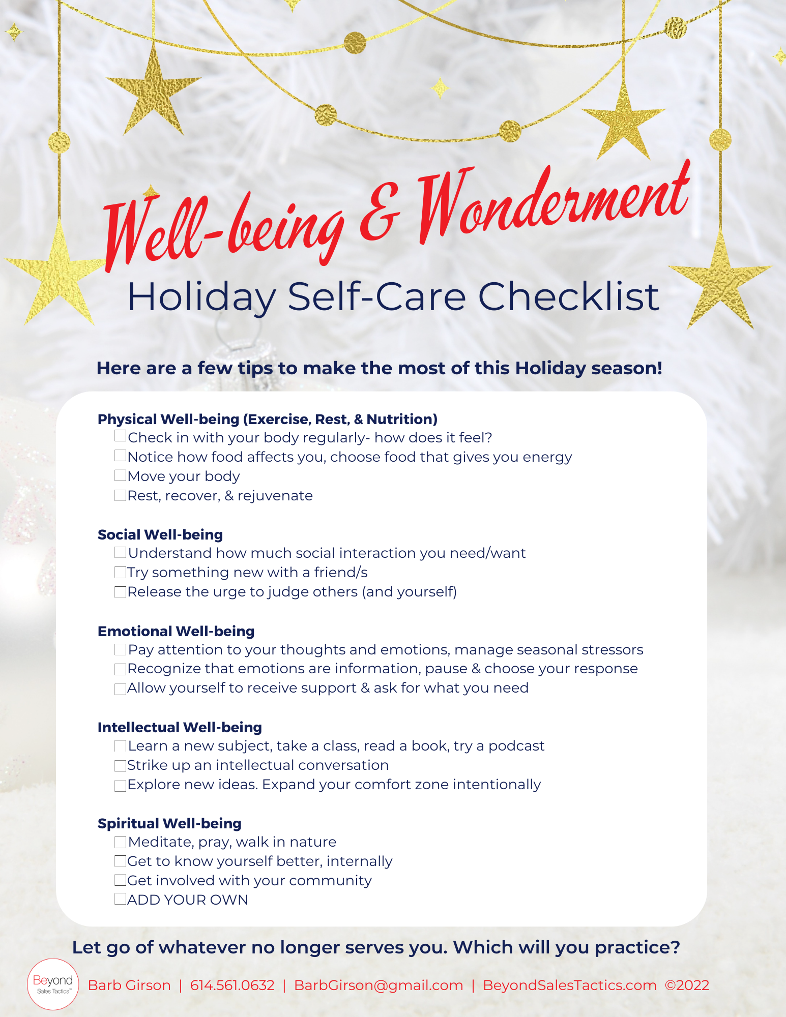 Well-Being & Wonderment Holiday Self-Care Checklist - Beyond Sales Tactics™